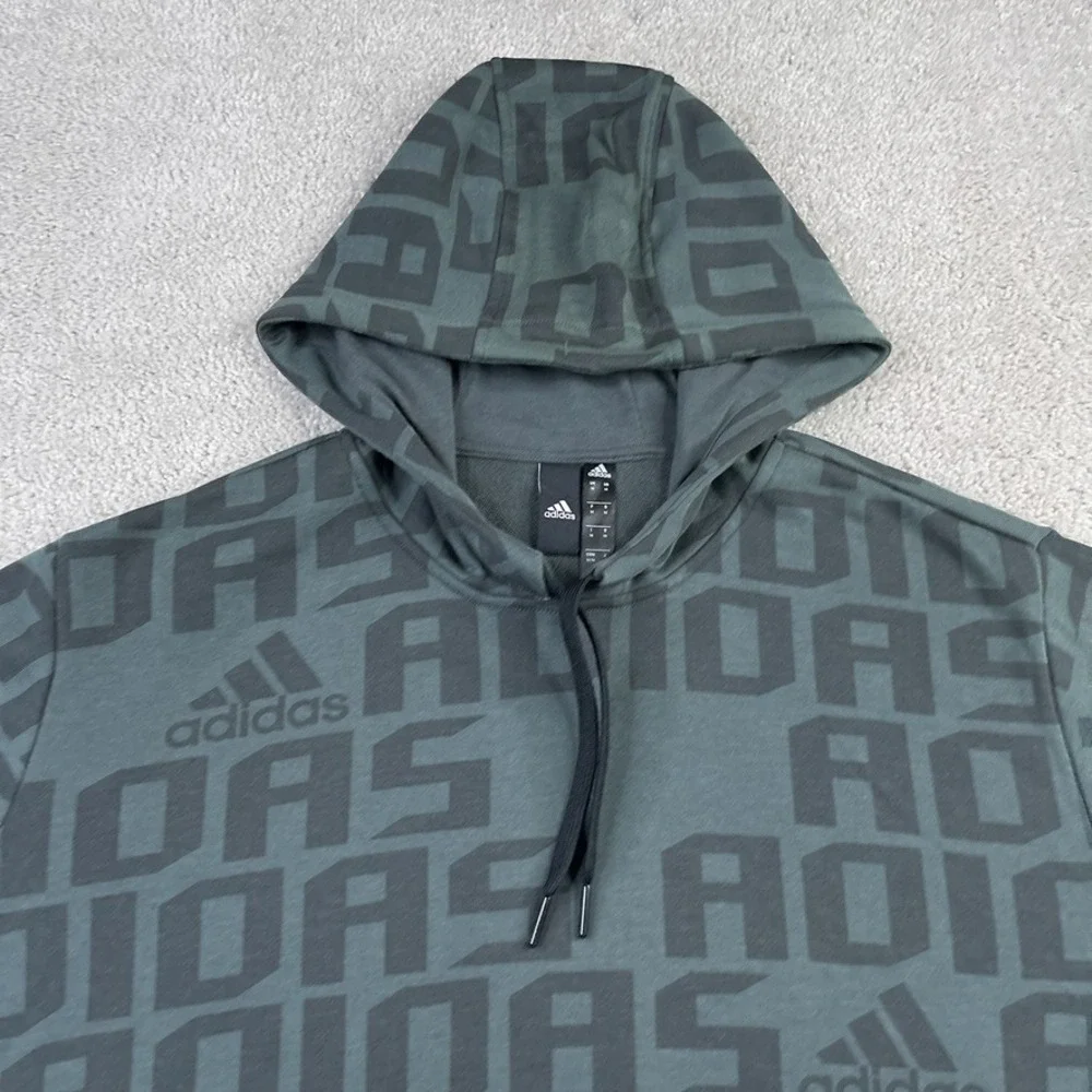 Adidas Hoodie Mens Medium Grey Logo AOP French Terry‎ Pullover Sweatshirt